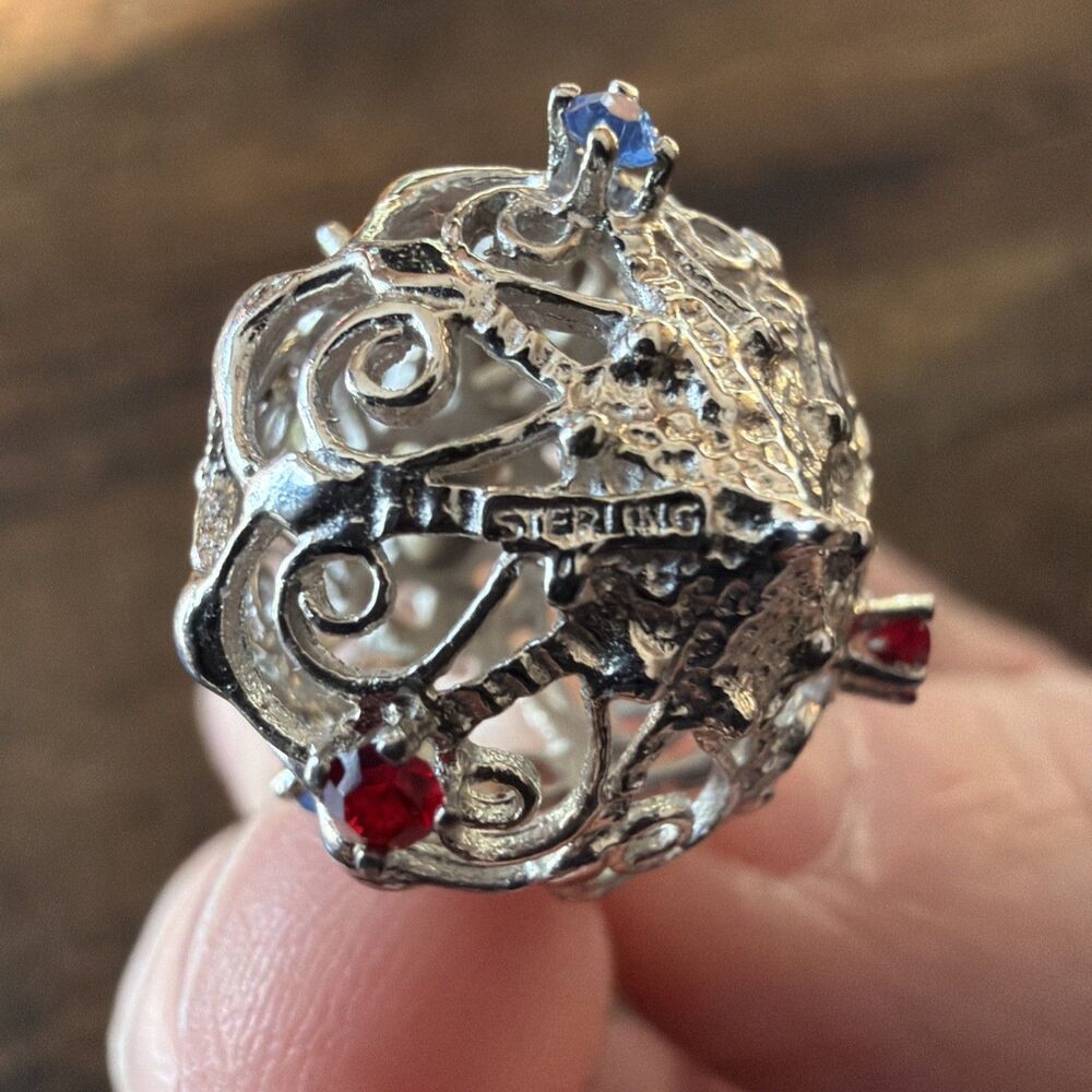 Vintage Sterling Silver Filigree Water Pitcher Charm Pendant Rhinestones Pearl - Picture 5 of 9